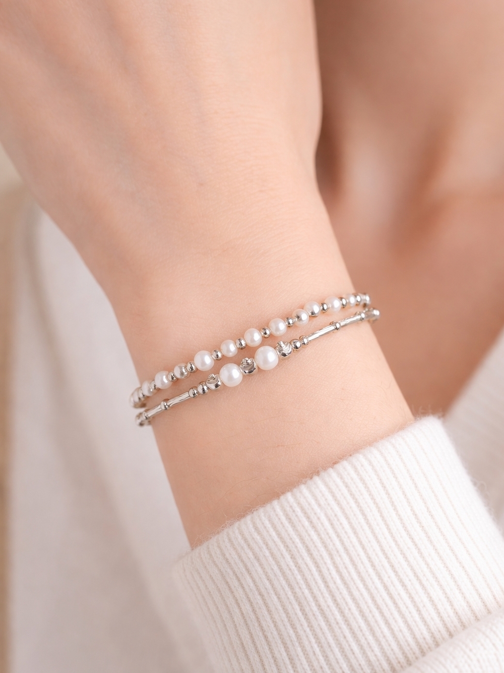 Silver Tone Freshwater Pearl Beaded Wrap Bracelet - White Pearls - Picture 2 of 4